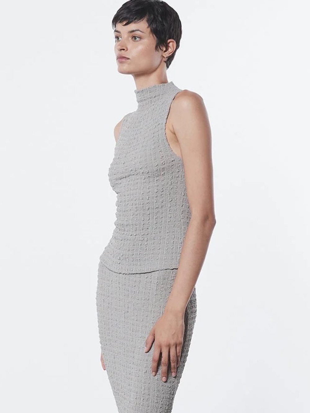 Enza Costa Textured Sleeveless Mock Neck Tank in Light Gray